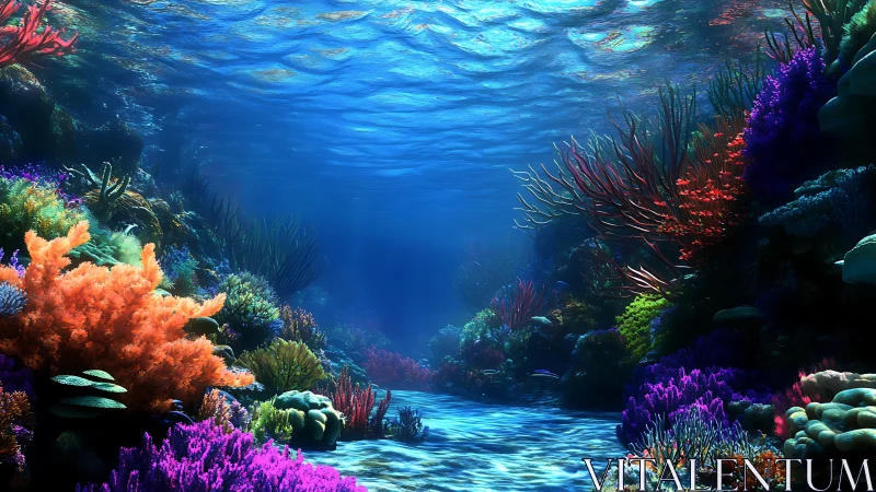 Neon coral boulevard shimmers beneath a glassy blue sea.