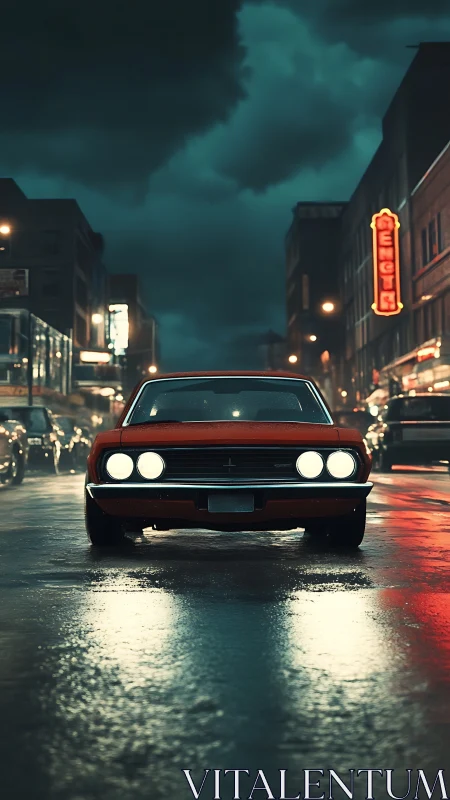 Red muscle car cuts through wet neon city street at night
