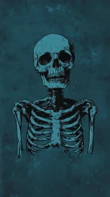 Gentle skeleton study against a moody teal night backdrop.
