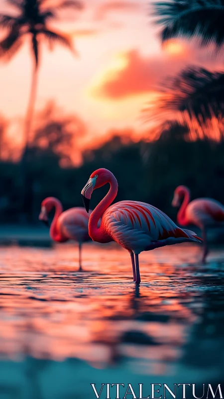 Sunset flamingos stand in glowing tropical shallows.