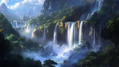 Layered mountain waterfalls rendered with atmospheric depth cues