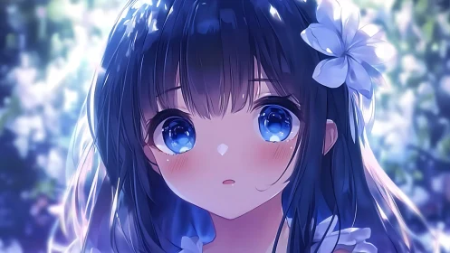 Blue-eyed girl under luminous bokeh night garden glow.