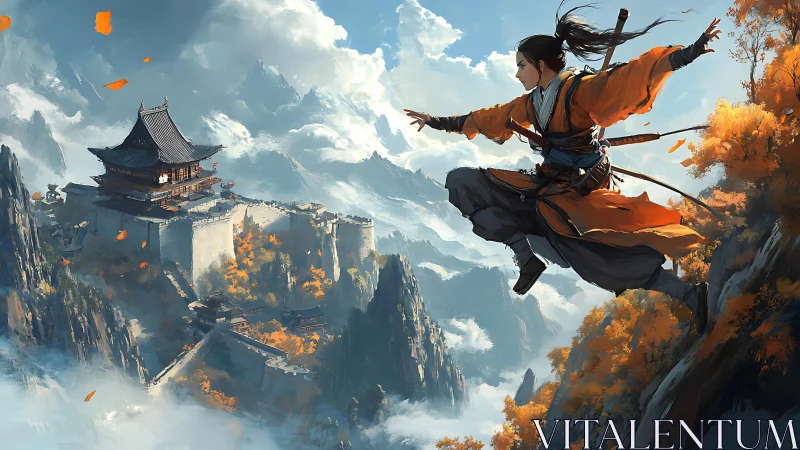 Warrior leaps toward a misty mountain temple in autumn air