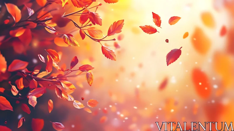 Glowing autumn leaves swirl softly in warm sunset light.