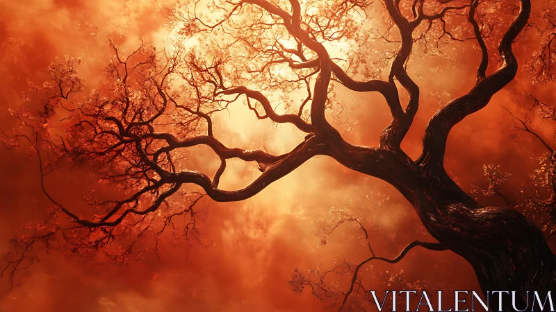 Majestic Tree Silhouette Against Fiery Orange Sunset Sky, Artistic Style.