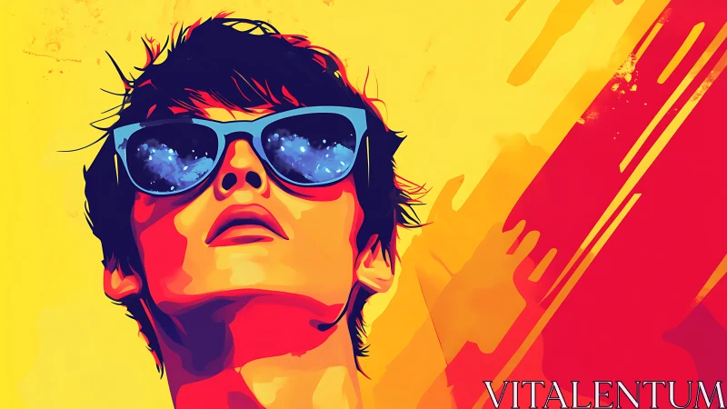 Vibrant vector portrait with cosmic sunglasses highlights youth.