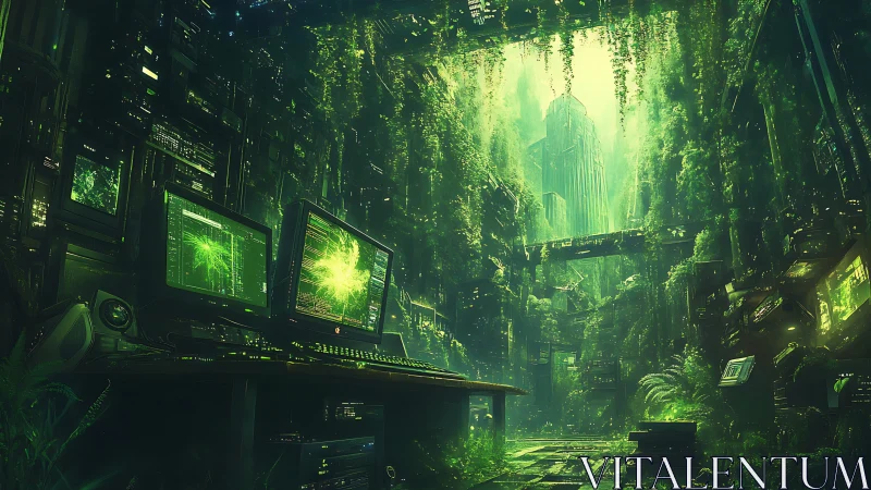 Cyber jungle data core overgrown by luminous green forest.