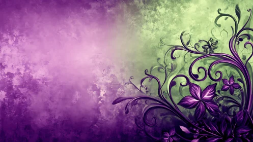 Violet floral swirls cross textured green gradient field.
