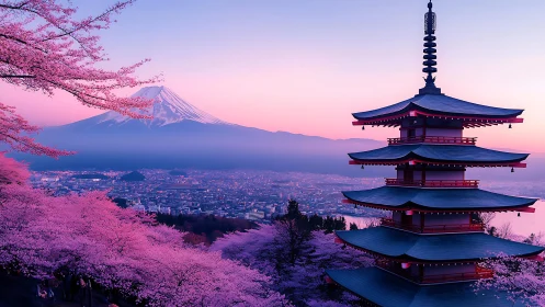 Layered pagoda overlooks urban valley beneath distant peak