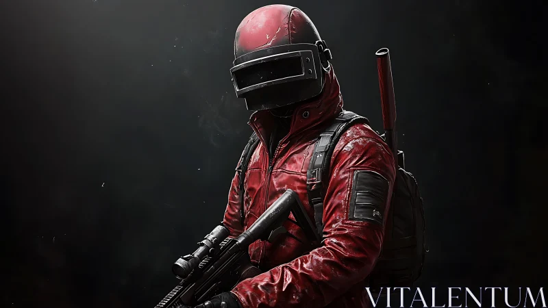 Scarlet urban trooper paused in a hush of digital dusk.