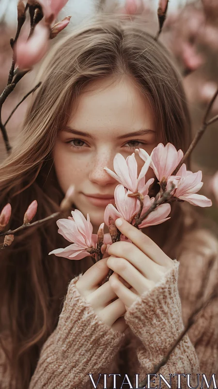 Girl gazes through magnolia blossoms in soft spring light.
