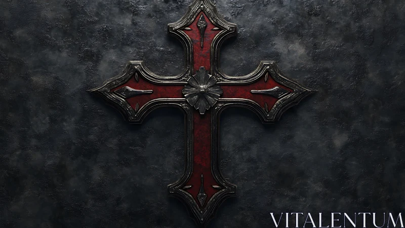 Gothic red metal cross with ornate beveled relief detailing.