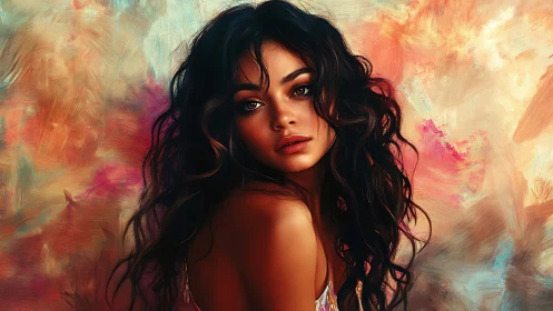 Digital portrait of woman amid vivid abstract brushstrokes.