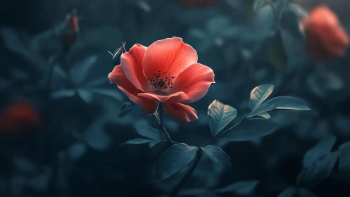 Vibrant Red Rose Blooming Against Moody Teal Foliage.