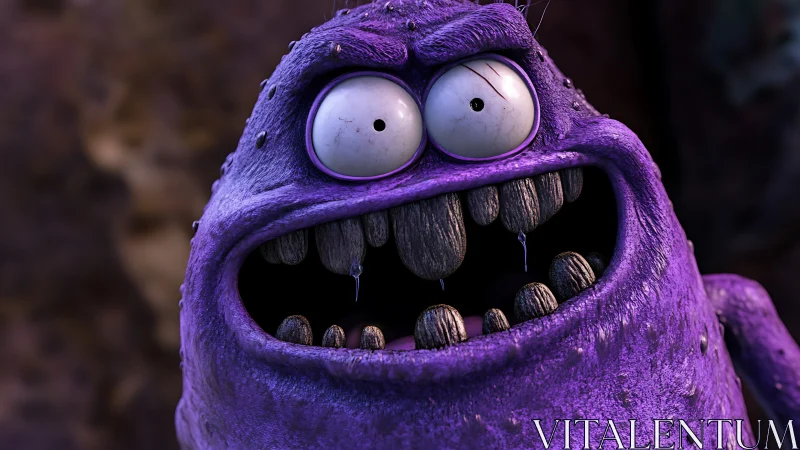 Purple cartoon monster character shows exaggerated shocked grin