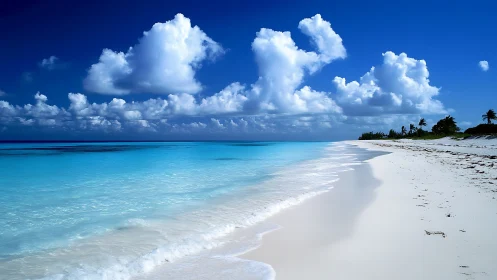 Tropical beach shoreline meets calm turquoise ocean water