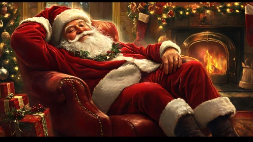 Cozy Santa relaxing by the fireplace after a joyful night.