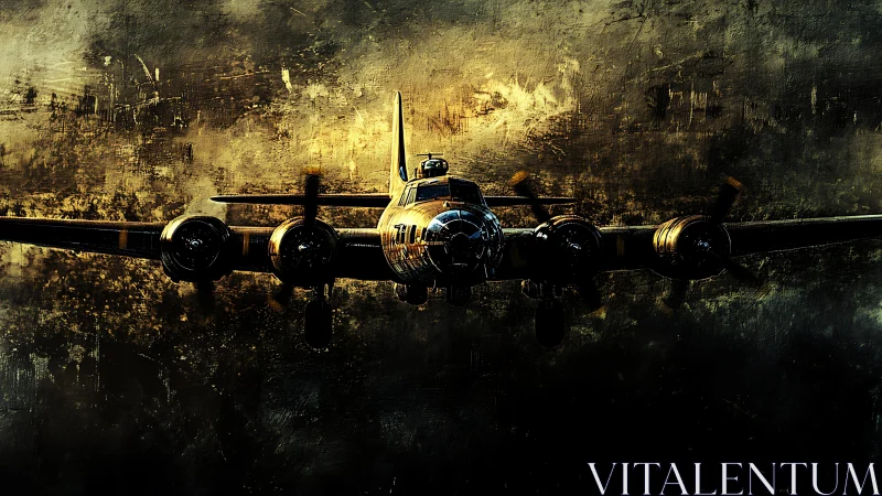 Stormlit warbird charging through smoky metallic dusk.