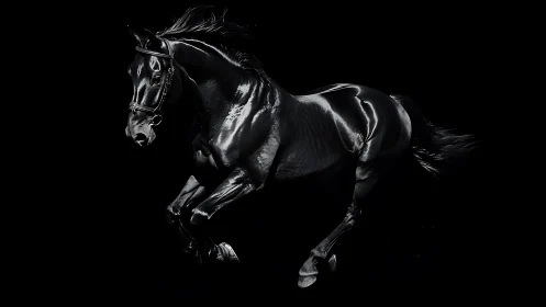 Black horse in motion on dark background, strong contrast.