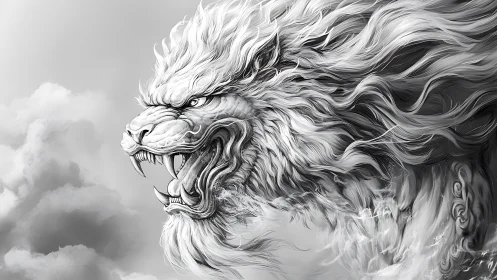 Roaring lion-dragon hybrid head rendered in monochrome detail