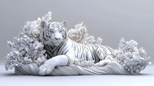 White tiger sculpture rests amid porcelain floral grove.