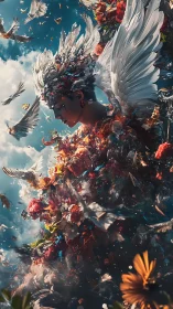 Winged floral guardian ascends amid swirling sky and light