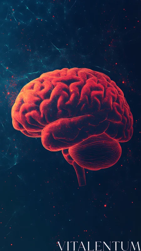 Glowing red brain rendered against deep cosmic blue field.