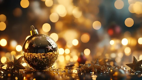 Golden Christmas ornament rests amid warm festive bokeh