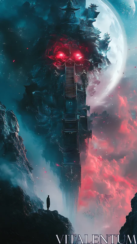 Vertical fortress structure with glowing eyes before full moon.