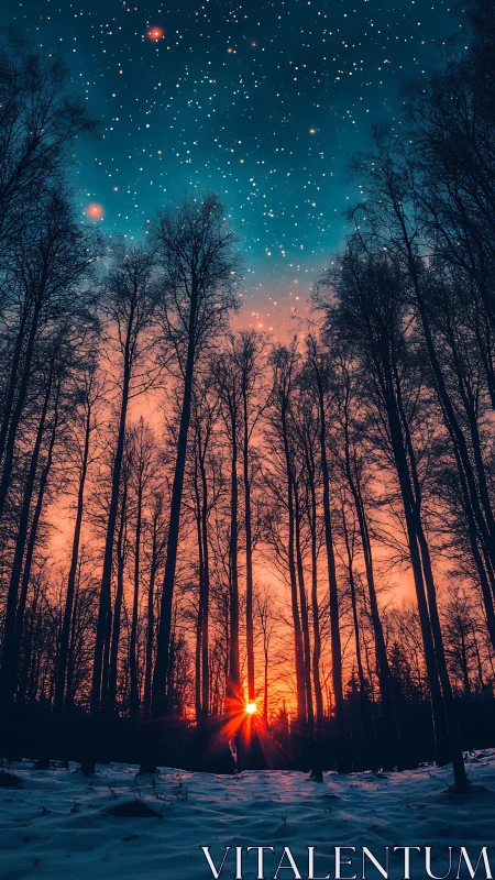 Winter forest sunset under a star soaked twilight sky.