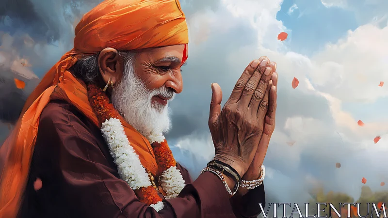Elderly sage bows in serene prayer beneath drifting clouds