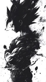 Ink-splattered warrior silhouette in intense profile stance.