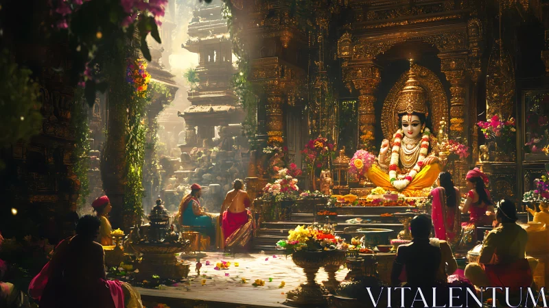 Golden temple blooms around radiant deity in fragrant dusk