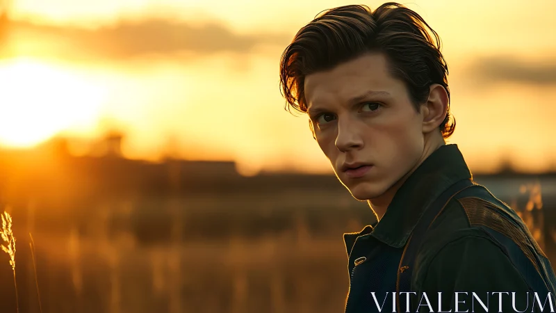 Young man in sunset field with dramatic backlight portrait.