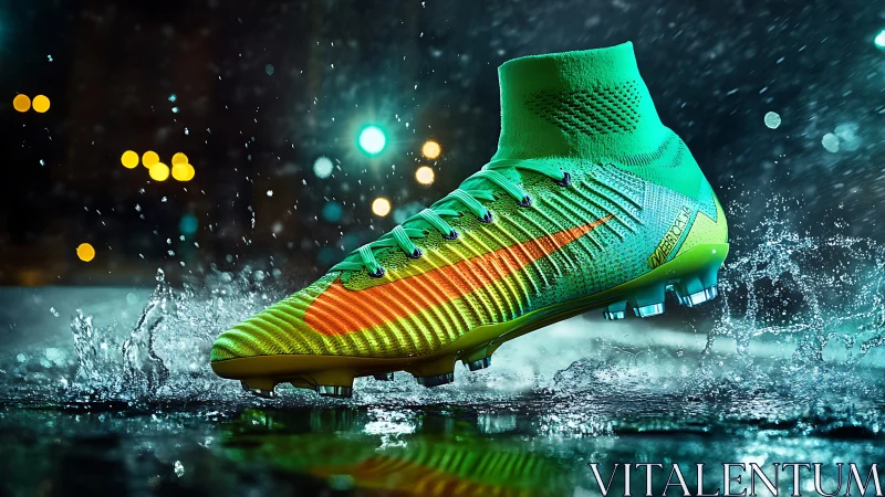 Neon soccer cleat slices through rain on a floodlit pitch