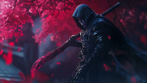 Hooded skeletal warrior grips bloodstained blade under crimson canopy