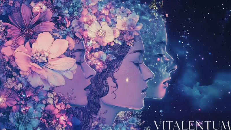 Floral cosmic triptych of evolving female profiles in starlight.