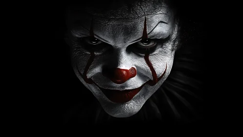 Close frontal view of clown makeup in dark background.