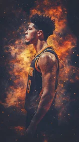 Basketball player profile against dynamic fiery nebula backdrop