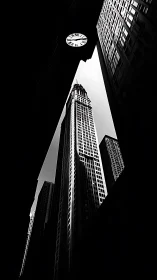 High contrast city towers framed by dark architectural void.