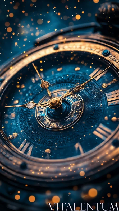 Close view shows ornate clock face with floating light bokeh