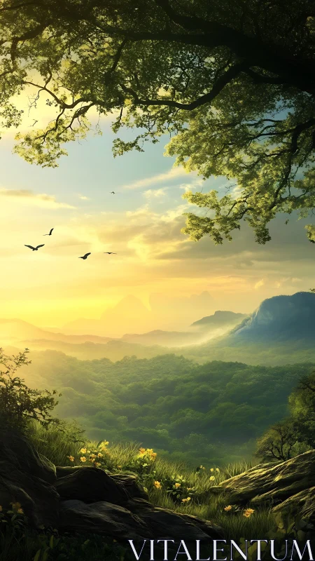 Sunlit valley panorama beneath overhanging forest canopy.