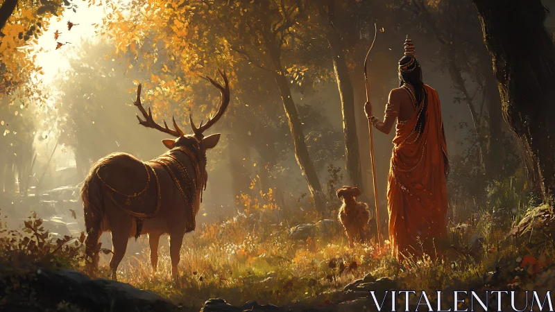 Human figure and stag stand in golden backlit forest clearing