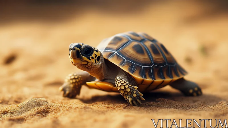 Desert jewel tortoise strolling across sunlit golden dunes.