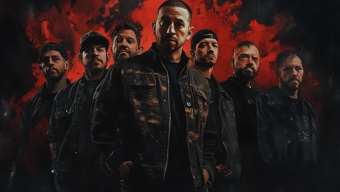 Brooding rock band standing strong against fiery red haze.