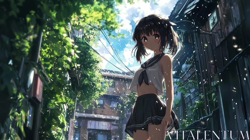 Backlit anime schoolgirl in overgrown alley with volumetric light