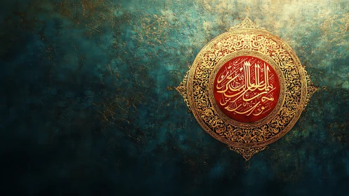 Gilded calligraphy medallion quietly crowns a teal universe