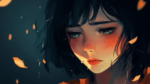 Tearlit girl in ember dusk with autumn sorrow swirling.