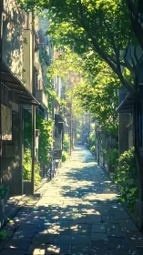 Tree-lined residential alley with dappled light and paving.