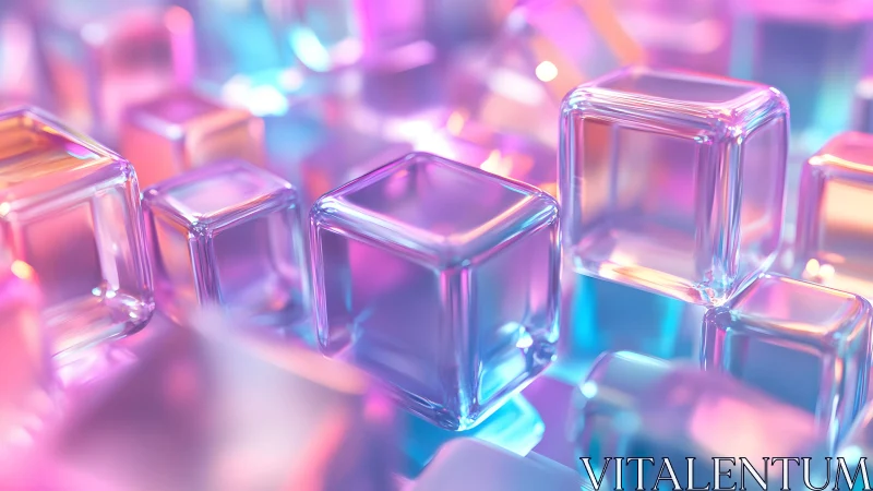 Iridescent glass cubes glow in neon gradient light field.